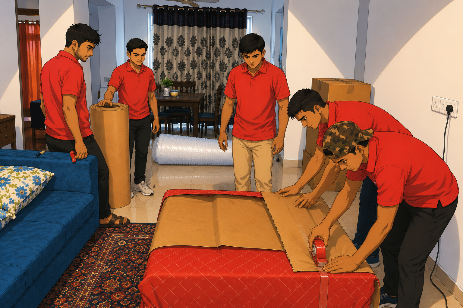Star Home Packers And Movers team professionally packing furniture with bubble wrap and cardboard